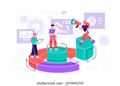 Vector illustration, Concept of financial management, Statistics and business report, little people as puzzles collect infographics. Flat style modern design vector illustration for web page, cards