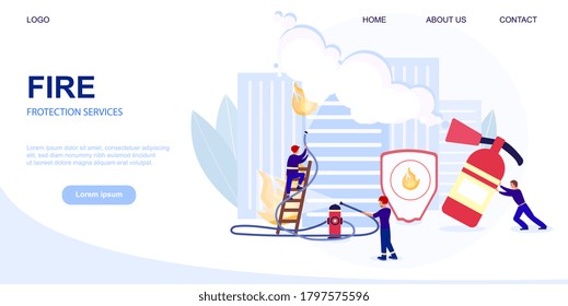 Vector illustration concept of fire protection service. Firefighters wearing uniform is extinguishing fire in building