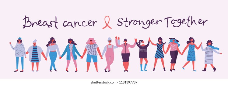 Vector illustration concept flat design of women of the world against breast cancer. Concept of breast cancer awareness with hand drawn text.