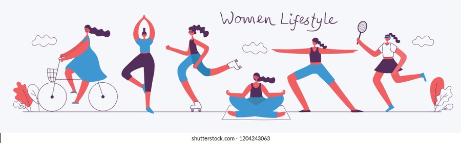 Vector illustration concept flat design of women doing sport and healthy lifestyle background