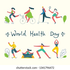 Vector illustration concept flat design of men and women doing sport and healthy lifestyle background - World Health Day