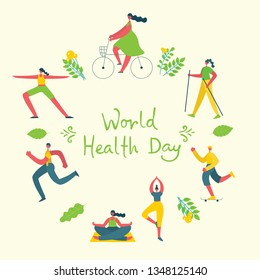 Vector illustration concept flat design of men and women doing sport and healthy lifestyle background - World Health Day