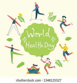 Vector illustration concept flat design of men and women doing sport and healthy lifestyle background - World Health Day