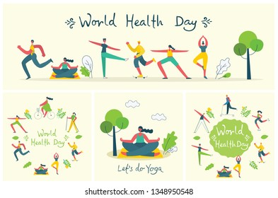 Vector illustration concept flat design of men and women doing sport and healthy lifestyle background - World Health Day 