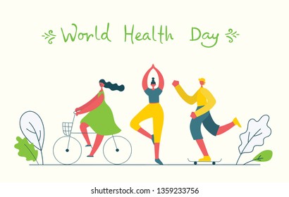 Vector illustration concept flat design of men and women doing sport and healthy lifestyle background - World Health Day