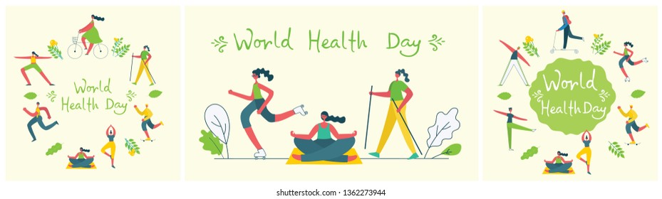 Vector illustration concept flat design of men and women doing sport and healthy lifestyle background - World Health Day