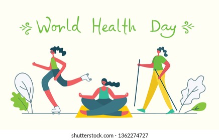 Vector illustration concept flat design of men and women doing sport and healthy lifestyle background - World Health Day