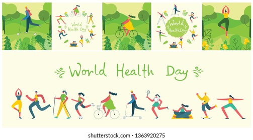 Vector illustration concept flat design of men and women doing sport and healthy lifestyle background - World Health Day