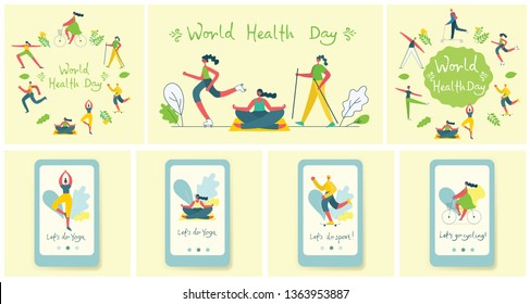 Vector illustration concept flat design of men and women doing sport and healthy lifestyle background - World Health Day