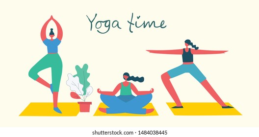 Vector illustration concept flat design of women doing yoga background