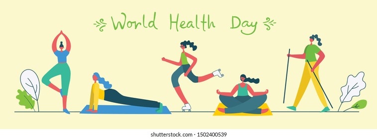 Vector illustration concept flat design of men and women doing sport and healthy lifestyle background - World Health Day