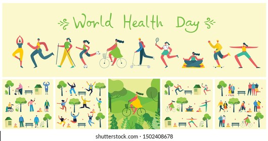 Vector illustration concept flat design of men and women doing sport and healthy lifestyle background - World Health Day