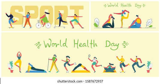 Vector illustration concept flat design of men and women doing sport and healthy lifestyle background - World Health Day
