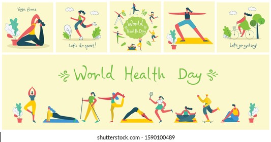 Vector illustration concept flat design of men and women doing sport and healthy lifestyle background - World Health Day