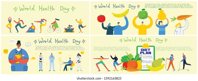 Vector illustration concept flat design of men and women doing sport and healthy lifestyle background - World Health Day