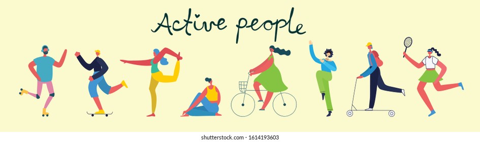 Vector illustration concept flat design of men and women doing sport and healthy lifestyle background - Active people