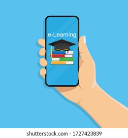 Concepto de ilustración vectorial de un diseño plano. Aplicaciones de telefonía móvil para el aprendizaje a distancia, e-learning en línea para banners web y material impreso. La mano tiene un smartphone.