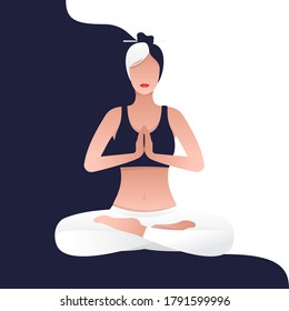 vector illustration concept in flat style young woman in meditation yoga position and meditating. girl performing aerobics exercise and morning meditation, physical and spiritual practice.