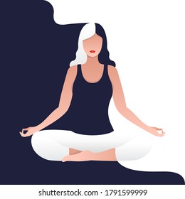 concepto de ilustración vectorial en mujeres jóvenes de estilo plano en posición de meditación yoga y meditación. niña haciendo ejercicio aeróbico y meditación matutina, práctica física y espiritual.
