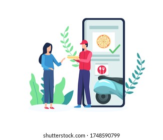 Vector illustration Concept of Food delivery services. Delivery man is carrying a pizza from smartphone screen. Order pizza with a mobile application, Concept of delivery service. Vector in flat style