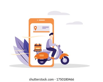 Concepto de ilustración vectorial del servicio de entrega de alimentos. Diseño plano creativo con carácter en scooter.
