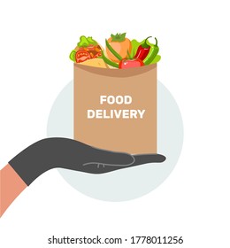 Vector illustration. The concept of food delivery to the door during an epidemic disease. Separate on a white background. Vector illustration.