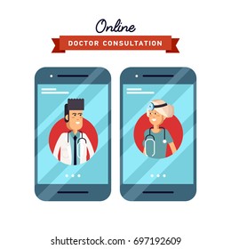 Vector illustration of concept of form design mobile phone with female or male medical assistance and doctor consultation online featuring. Medical application for smartphone