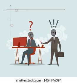 Vector illustration concept of fraud in a deal in business. Surprise on the one hand when they got a lie.