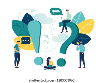 Vector illustration, concept illustration of frequently asked questions people around exclamations and question marks, metaphor question answer