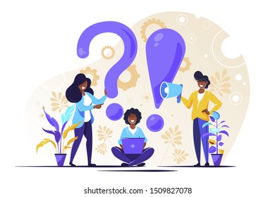 Vector illustration, concept illustration of frequently asked questions people around exclamations and question marks, metaphor question answer