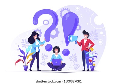 Vector illustration, concept illustration of frequently asked questions people around exclamations and question marks, metaphor question answer