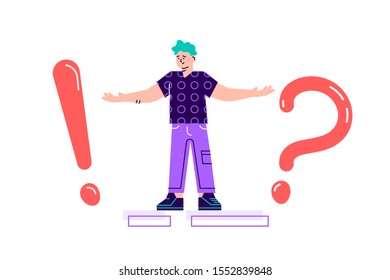 Vector illustration, concept illustration of frequently asked questions of exclamation marks and question marks, metaphor question answer.Modern flat style design vector illustration isolated on white