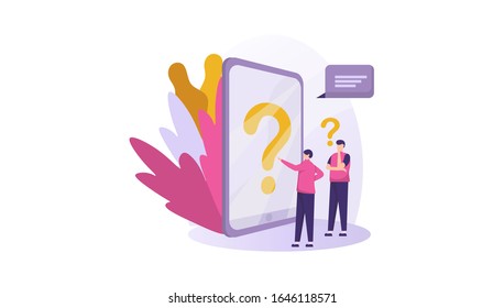 vector illustration, concept illustration Frequently asked questions, people around question marks, Online Support center. Can be used for, landing pages, templates, UI, web.