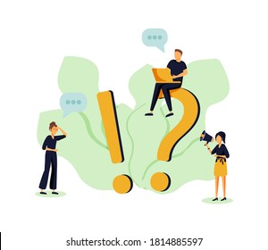 Vector illustration, concept illustration of frequently asked questions people around exclamations and question marks, metaphor question answer