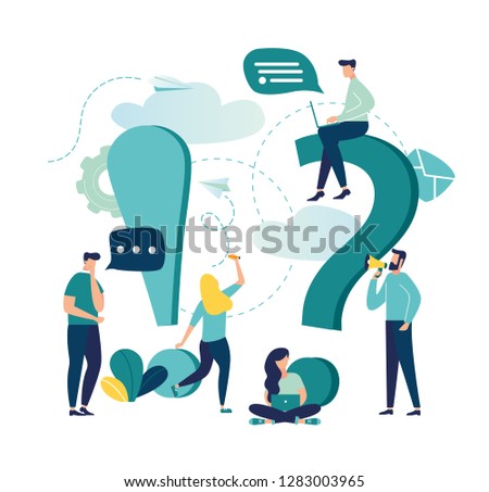 Vector illustration, concept illustration of frequently asked questions people around exclamations and question marks, metaphor question answer