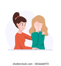 Vector illustration: concept of friendly and family support. Woman consoles her best friend from stress and depression. The mother supports her daughter in difficult situation. Resentment.