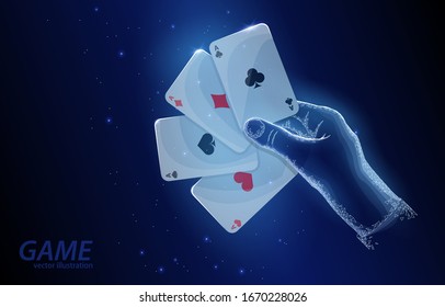 
Vector illustration concept, game cards in hand on a dark blue background, a symbol of the game, good luck and excitement.