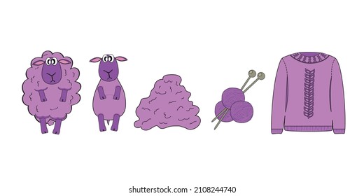 Vector illustration of a concept of getting wool by shearing sheep in cartoon style.
