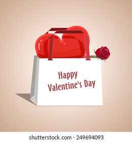 Vector illustration. The concept of gift bag with a red heart and a red rose on Valentine's Day. Romantic illustration. Shopping.