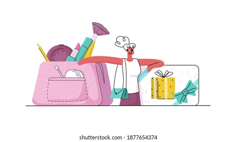 Vector illustration with concept gift cards, makeup, cosmetics, raffle prizes, promotions, pre holiday offers. it shows woman, customer on background enlarged cosmetic bag and gift card.