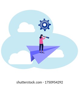 Vector illustration, concept of goal achievement, a woman on a paper airplane, flying between clouds and looking down.