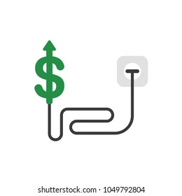 Vector illustration concept of green dollar symbol with cable and plugged into outlet and arrow moving up.