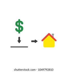 Vector illustration concept of green dollar symbol into moneybox hole and showing yellow house icon.