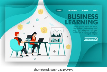 Vector illustration concept. Green Website Banner about business learning, worker learn about chart and sale growth. suitable for mobile apps, print , online, UI, Poster, Page, App. Flat cartoon style