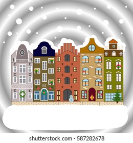 Vector illustration. Concept for greeting or postal card. A house in a snowy Christmas landscape at night. Christmas tree and snowman.