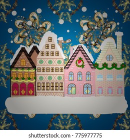 Vector illustration. Concept for greeting or postal card. A house in a snowy Christmas landscape at night. Christmas tree and snowman.