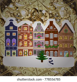 Vector illustration. Concept for greeting or postal card. A house in a snowy Christmas landscape at night. Christmas tree and snowman.