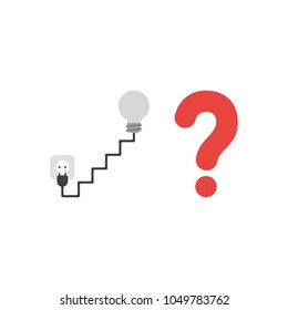 Vector illustration concept of grey light bulb with staircase shaped cable and plug, outlet and red question mark icon.