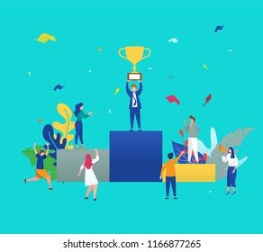 vector illustration concept of group of business people character holding thropy and get reward standing on podium and celebrate, can be use for, web, book cover, presentation, flyer, banner