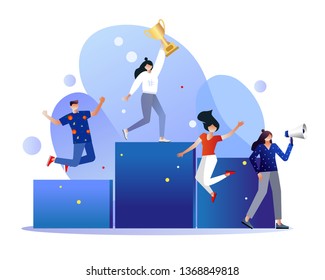 Vector illustration concept of group of business people character holding trophy and get reward standing on podium and celebrate, can use for landing page, web, presentation, flyer, banner. Character 